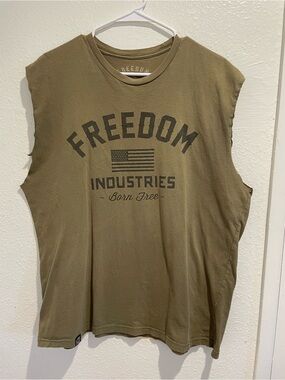 Freedom Industries Muscle Tee Mens XL Olive Green Raw Cut Custom Tank Shirt